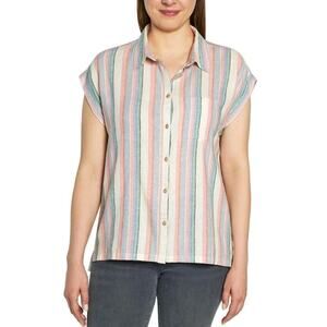 Orvis Button Top Women's XXL Pink Striped Linen Blend Short Sleeve Shirt